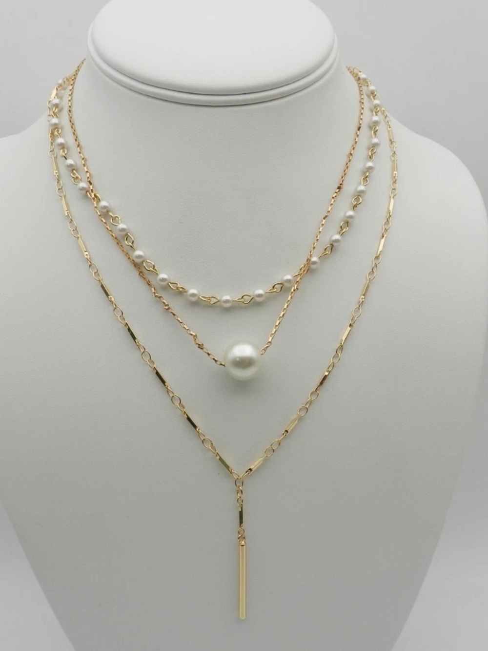 NWT REBECCA MINKOFF Layered Simulated Pearl and Gold-Tone Y Necklace 18”